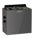 Schwarzer Tiny4You Qubic BQ60 BlackSteel Saunaofen in einer Sauna, 6 kW, modernes Design, für wohltuende Saunagänge