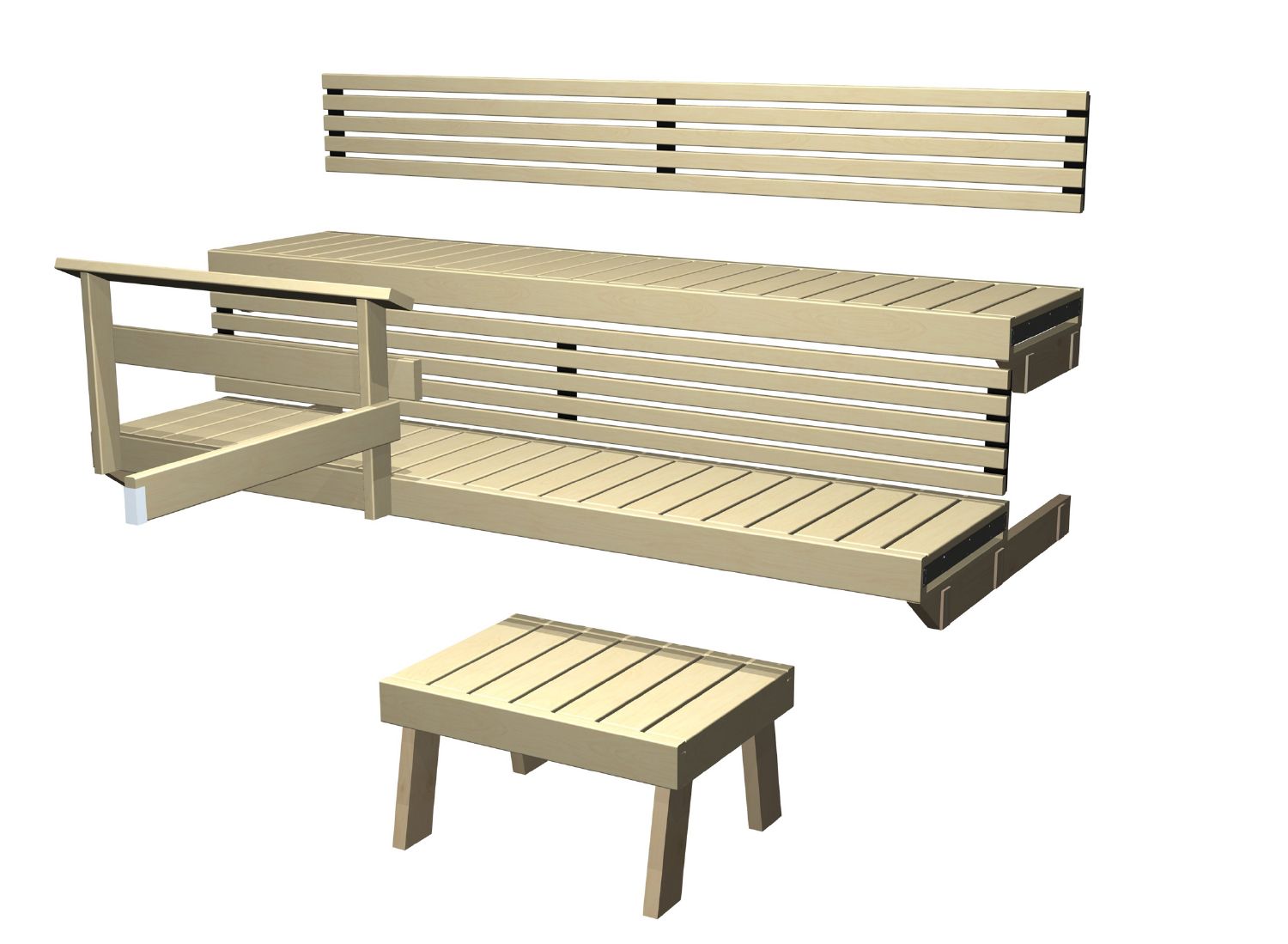 Saunabank Espe von Tiny4You, 500 × 2200 mm, aus Aspenholz, inklusive Komplettpaket, für entspannte Saunaaufgüsse.