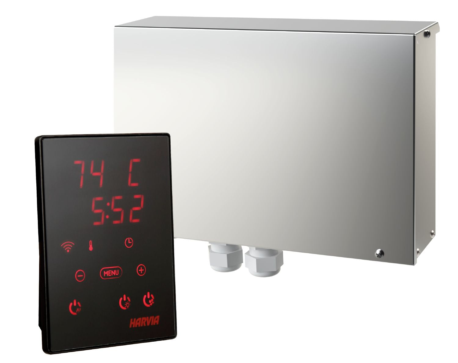 Xenio CX110 WiFi Saunasteuerung von Tiny4You, 11 kW, IPX5, für App-gesteuerte Sauna, zeigt die Steuerungseinheit mit Display.