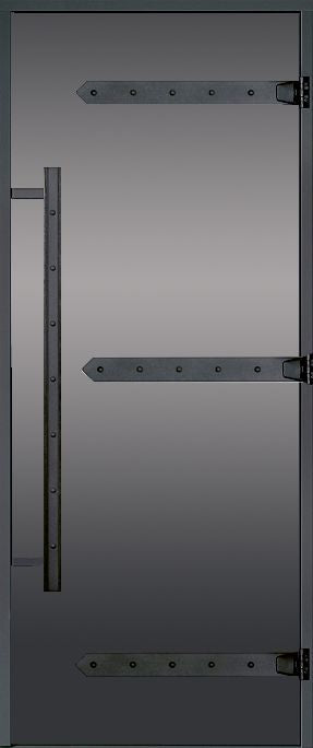 Sauna Tür Legend Kiefer von Tiny4You, aus Glas mit grauem Rahmen, zeigt die elegante Sauna Tür mit Kieferholz-Design.