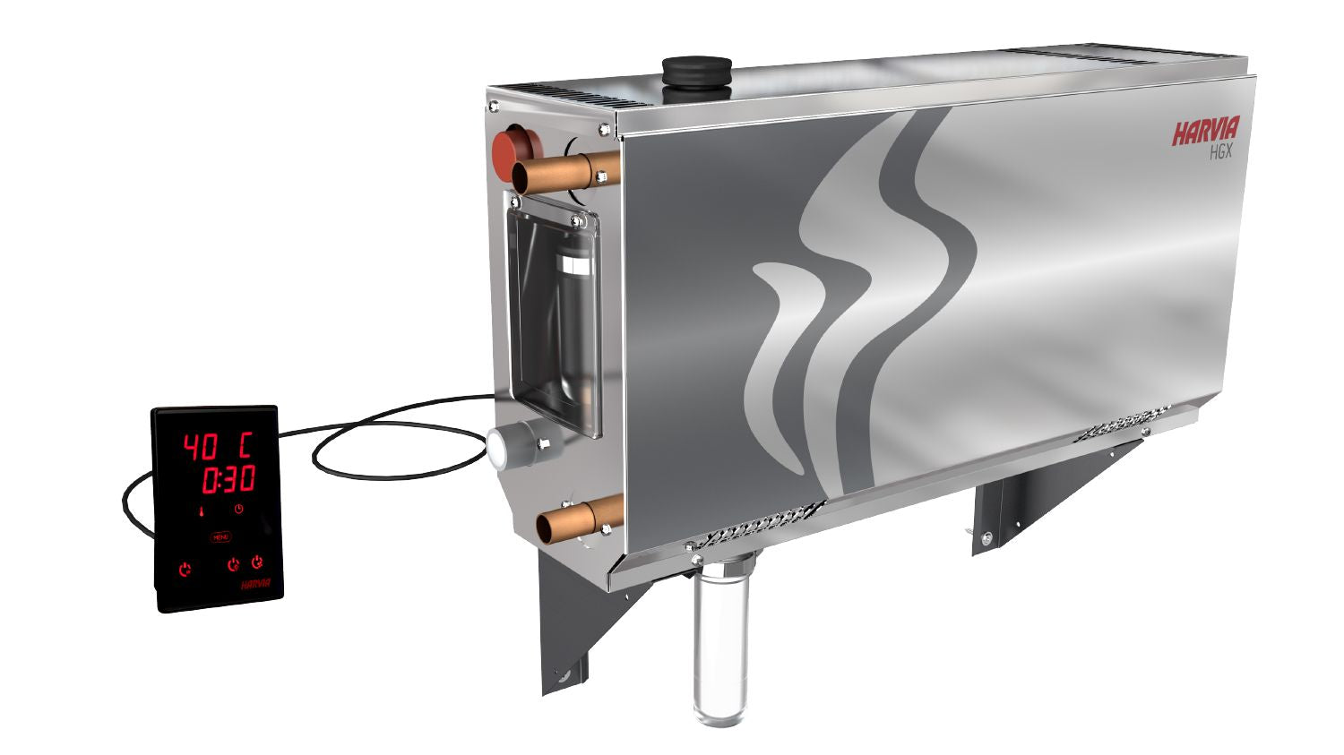 Tiny4You HGX45 WiFi Dampfgenerator 4,5 kW für Privates Dampfbad, sichtbar mit Steuerung und Dampferzeuger.
