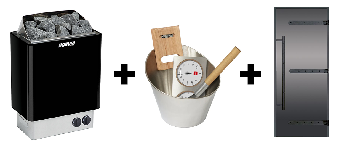 Sauna Selbstbau Starter Bundle von Tiny4You mit Ofen, Saunatür und Edelstahlzubehör für den Heimgebrauch